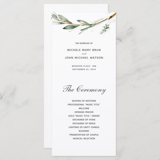 Cartes de programme de mariage à branches simples (Devant / Derrière)