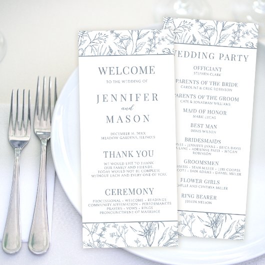 Cartes de programme de mariage à fleurs bleues