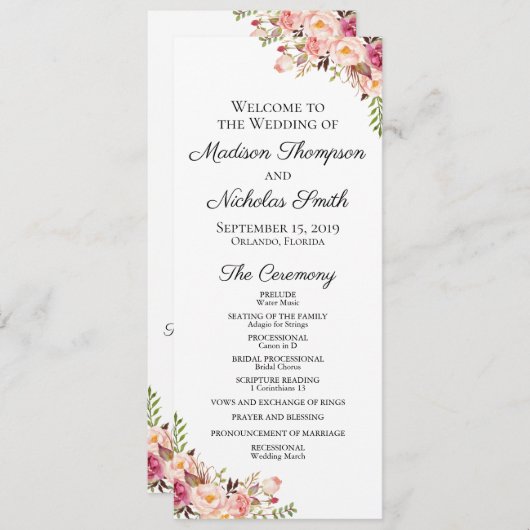 Cartes de programme de mariage avec des fleurs ros (Devant / Derrière)