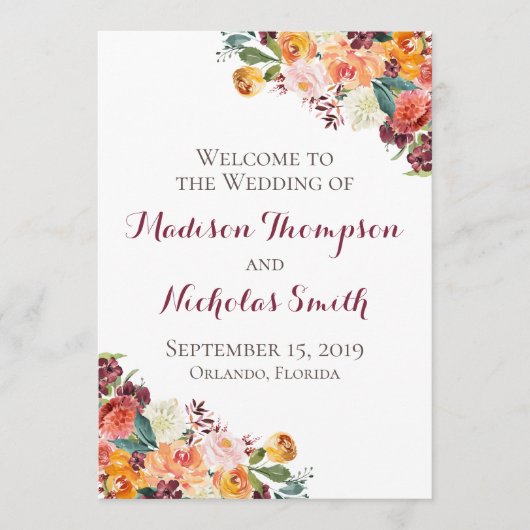 Cartes de Programme de Mariage Fleurs d'Automne, B (Devant)