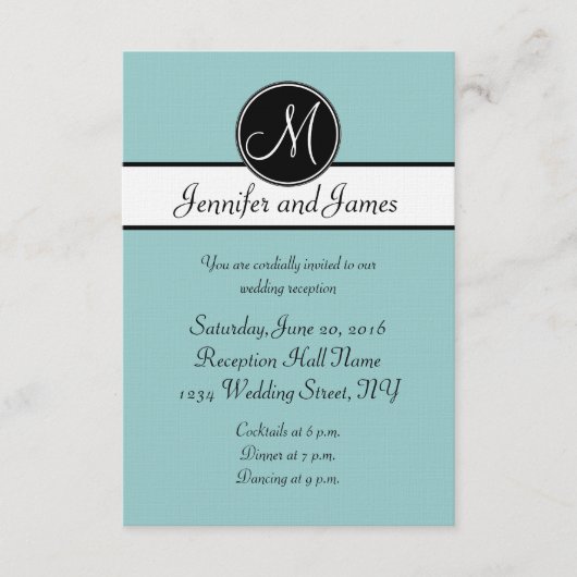 Cartes de réception de mariage à monogramme bleu n (Devant)