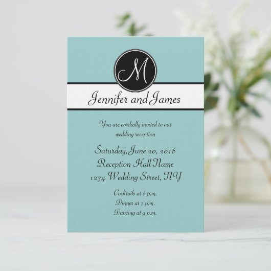 Cartes de réception de mariage à monogramme bleu n (Debout devant)