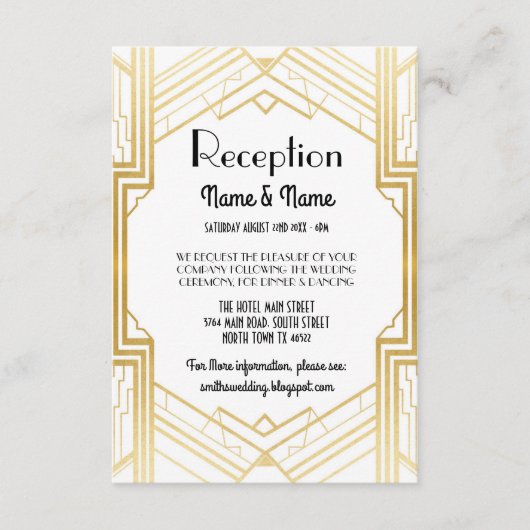 Cartes de réception de mariage Art Déco Gatsby Gol (Devant)