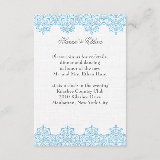 Cartes de réception de mariage bleu clair Damask (Devant)