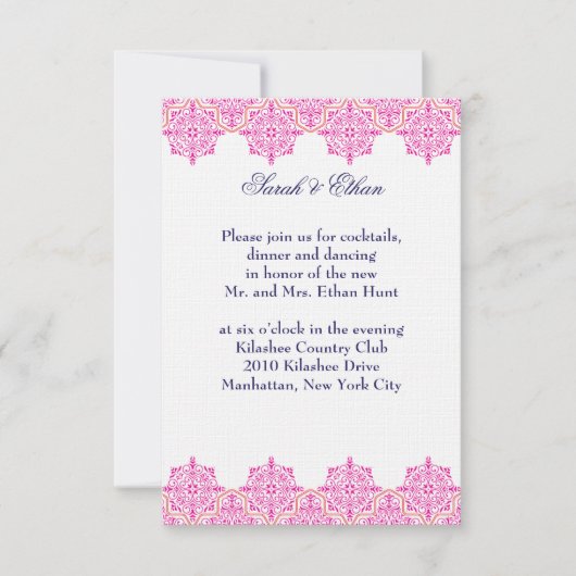 Cartes de réception de mariage rose damassé et ora (Devant)