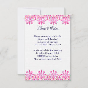 Cartes de réception de mariage rose damassé et ora