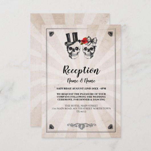 Cartes de réception de mariage rustique Crânes Ros (Devant / Derrière)