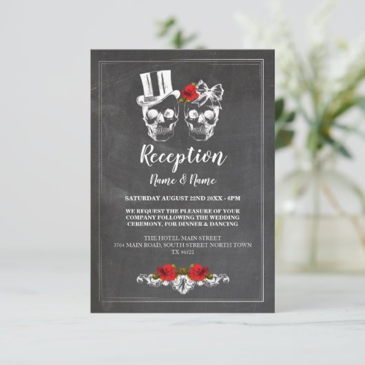 Cartes de réception de mariage rustiques Crânes Ro (Debout devant)
