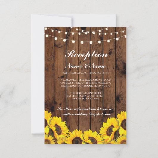 Cartes de réception de mariage rustiques Tournesol (Devant)