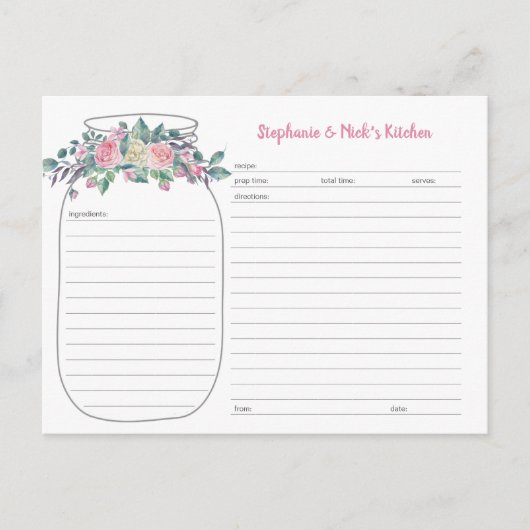 Cartes de recette Roses Floral Mason Jar (Devant)