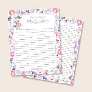 Cartes de recettes à fleurs sauvages violettes ros