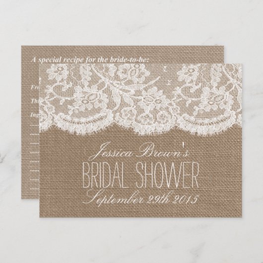 Cartes de recettes de Fêtes des mariées de burlap (Devant / Derrière)