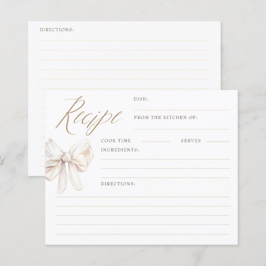 Cartes de recettes de mariage élégantes Cream Bow (Devant / Derrière)