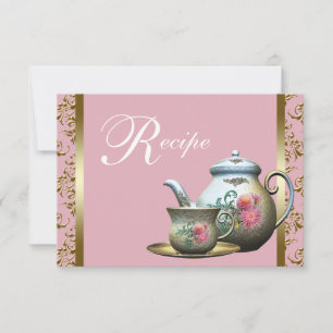 Cartes de recettes de tasse à thé en damas or rose
