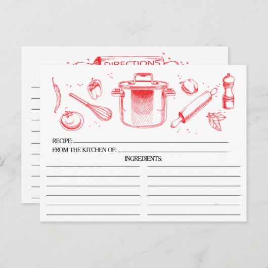 Cartes de recettes Red Sketched Kitchen Tools (Devant / Derrière)