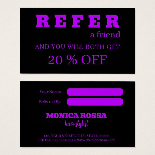 Cartes de référence modernes en néon violet noir (Devant & derrière)