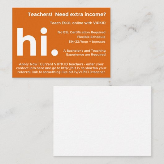 Cartes de référence/recrutement de professeur de (Devant / Derrière)