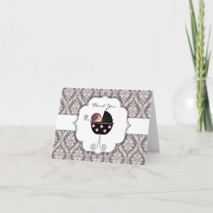 Cartes de remerciement bébé en damas rose et gris