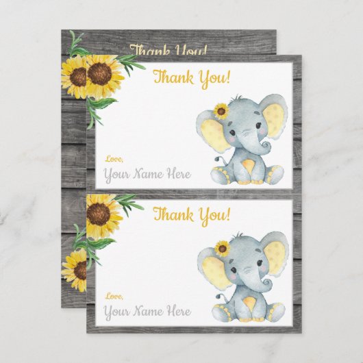 Cartes de remerciement de fille éléphant de douche (Devant / Derrière)