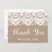 Cartes de remerciement de mariage Burlap et dentel (Devant / Derrière)