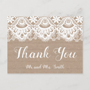 Cartes de remerciement de mariage Burlap et dentel