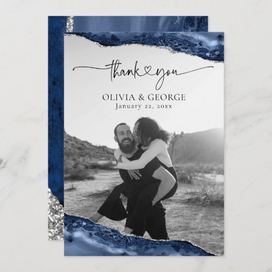 Cartes de remerciement de mariage Navy Blue Silver (Devant / Derrière)