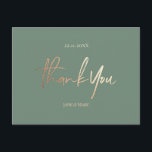 Cartes de remerciement de mariage Vert Sauge Éléga<br><div class="desc">Carte de remerciement personnalisée Vert Sauge pour mariages organiques sans photos. Cartes de remerciement de mariage,  Cartes postales à texte de calligraphie moderne élégante en feuille de bronze faux métallisé.</div>