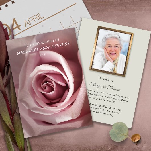 Cartes de remerciement funéraire | Rose rose Dusty