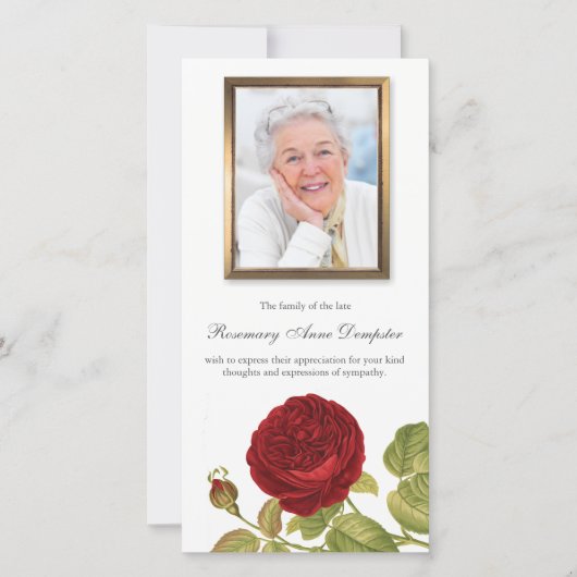 Cartes de remerciement funéraire | Rose rouge et p (Devant)