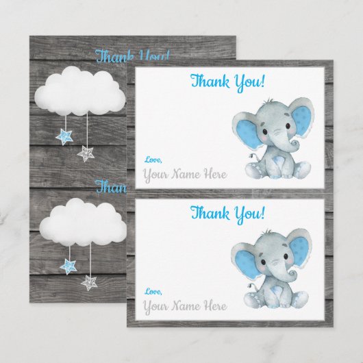 Cartes de remerciement pour garçon éléphant de deu (Devant / Derrière)