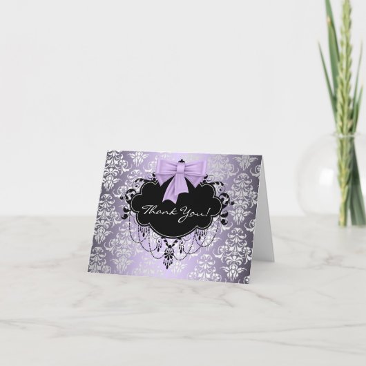 Cartes de remerciement violet et noir Damask (Devant)