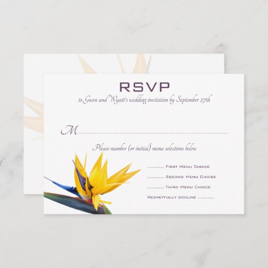 Cartes de réponse au menu de mariage blanc Bird of (Devant / Derrière)