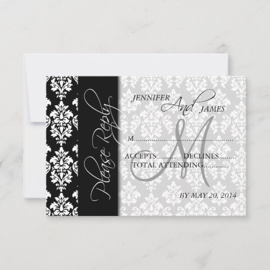 Cartes de réponse de mariage à motif damassé noir  (Devant)