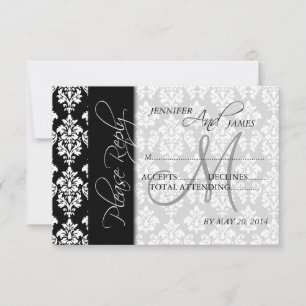 Cartes de réponse de mariage à motif damassé noir 