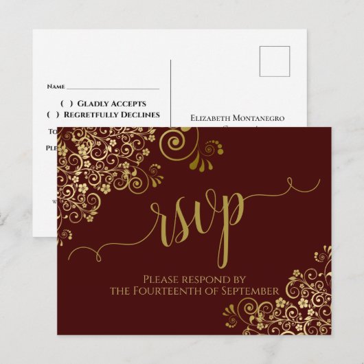 Cartes de réponse de mariage Brun Auburn Calligrap (Devant / Derrière)