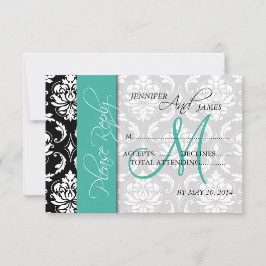 Cartes de réponse de mariage Damassé Monogramme Tu (Devant)