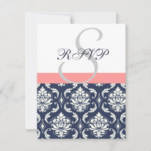 Cartes de réponse de mariage en damas bleu marine