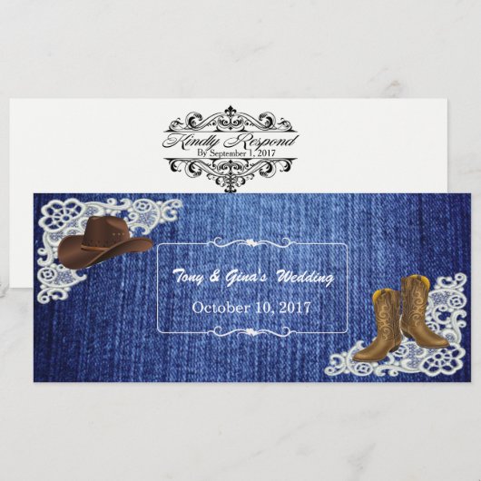 Cartes de réponse de mariage en denim avec des bot (Devant / Derrière)
