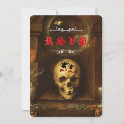 Cartes de réponse de mariage Halloween Goth, Crâne (Devant)