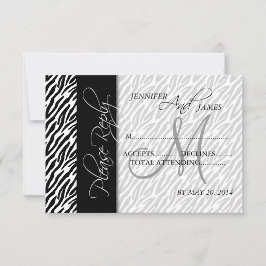 Cartes de réponse de mariage motif zèbre noir mono (Devant)