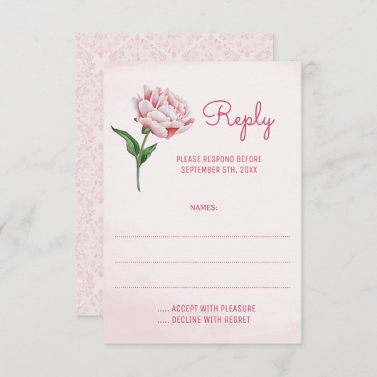 Cartes de réponse du Mariage rose Peony (Devant / Derrière)