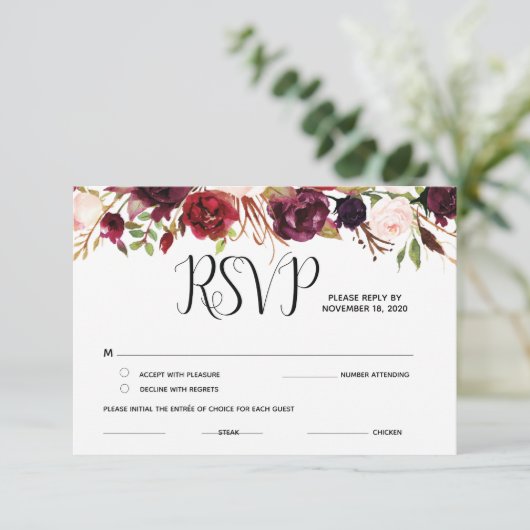 Cartes de réponse florales en bordeaux (Debout devant)