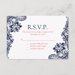 Cartes de réponse Mariage de dentelle de marine et