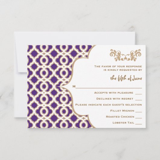 Cartes de réponse Mariage marocain violet et or (Devant)