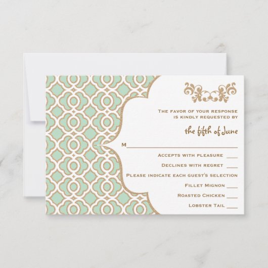 Cartes de réponse Mariage Mint Green Gold Marocain (Devant)
