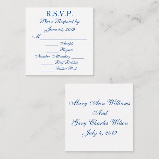 Cartes de réponse RSVP bleues et blanches (Devant / Derrière)