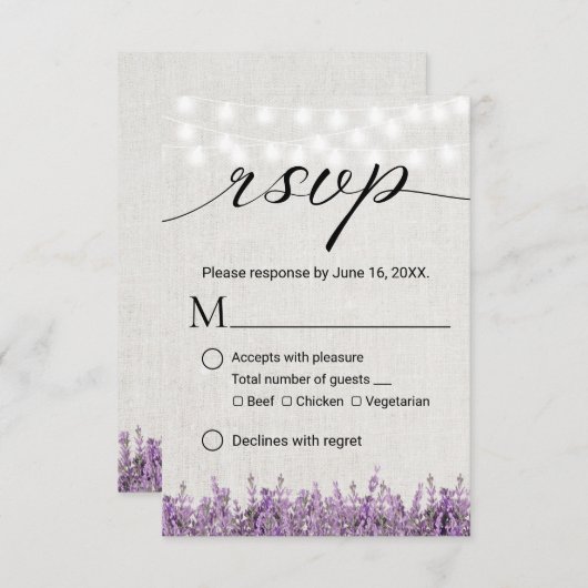 Cartes de réponse RSVP de mariage en lin rustique (Devant / Derrière)
