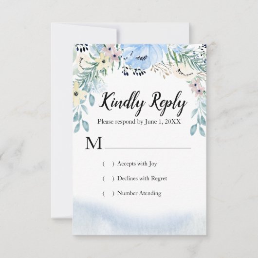 Cartes de réponse RSVP Floral à aquarelle bleue (Devant)
