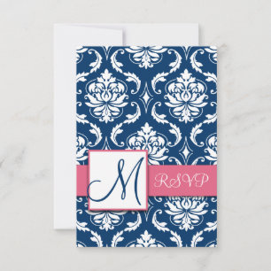 Cartes de réponse RSVP initiale en damas bleu pour