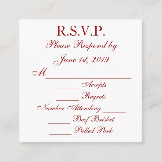 Cartes de réponse RSVP Rouge foncé et Blanc (Devant)
